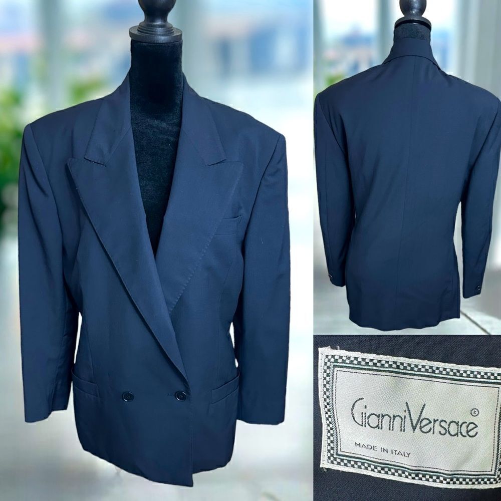 Vintage Gianni Versace Blue 100% Virgin Wool Blazer Suit Jacket Coat Size 42/ 8